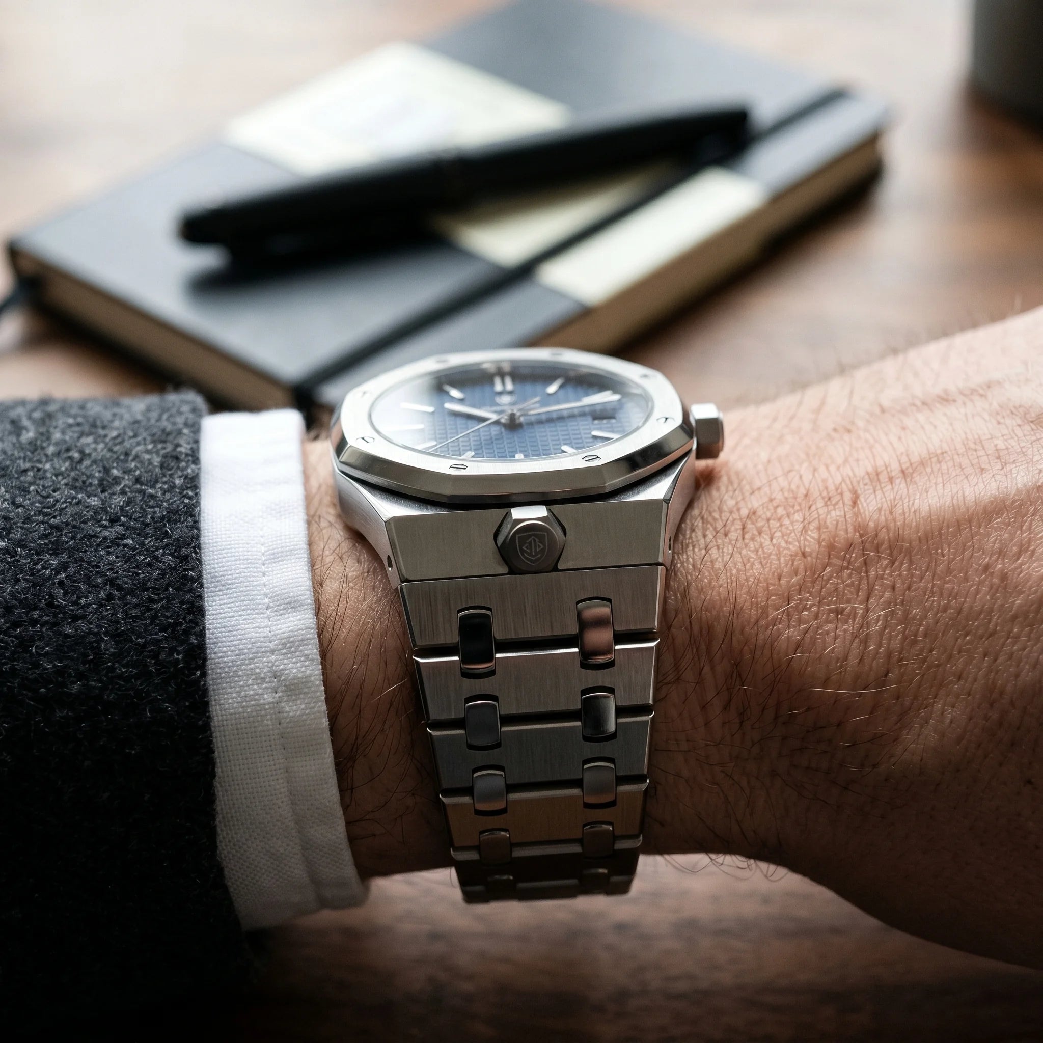 Kron Mariner watch case profile, walnut office desk, side view