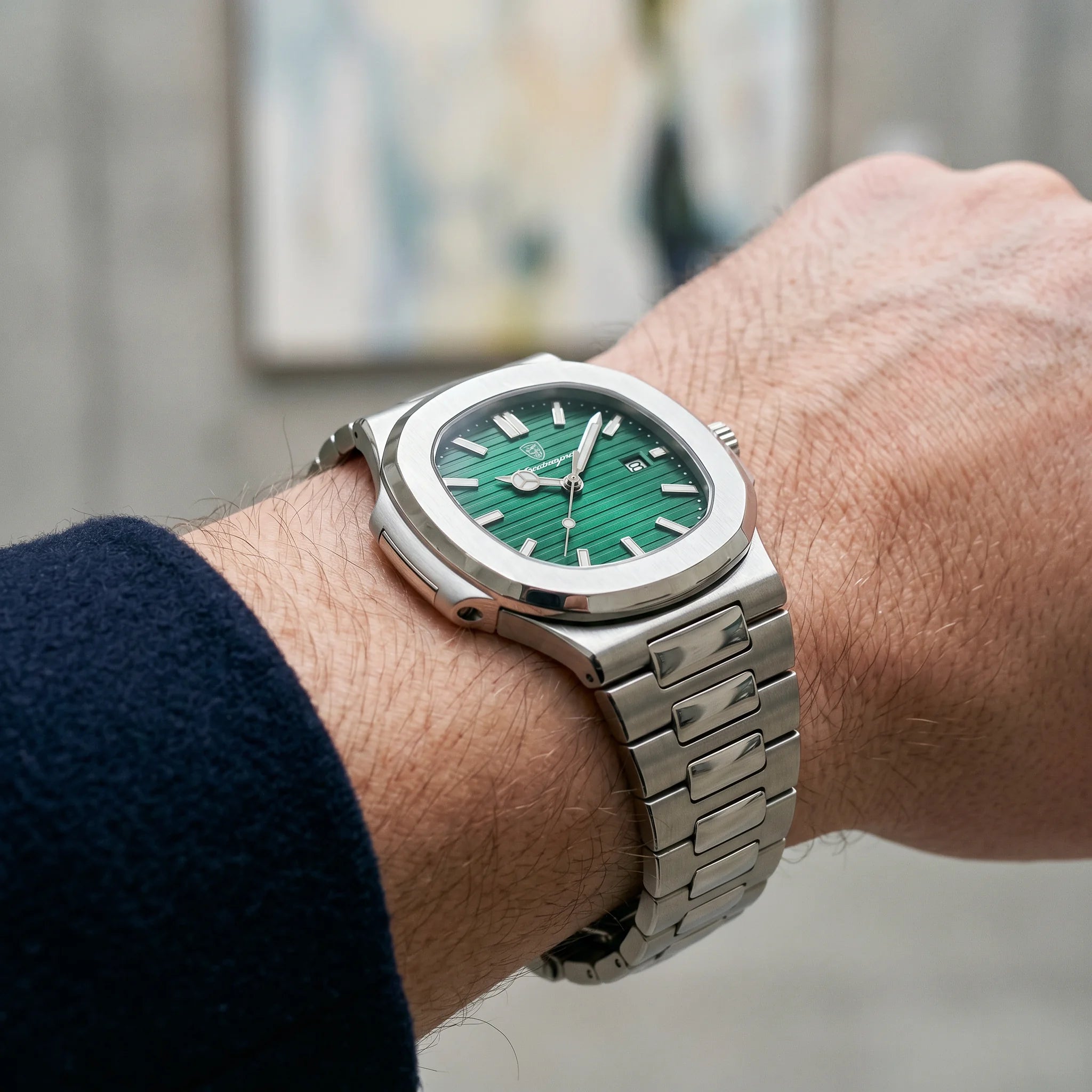 Kron Caspian watch on wrist, contemporary art gallery, elevated profile