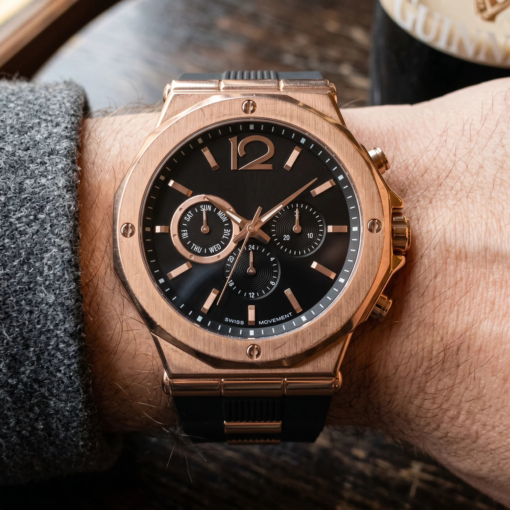 Kron Ascot watch on wrist, Dublin pub interior, top-down view