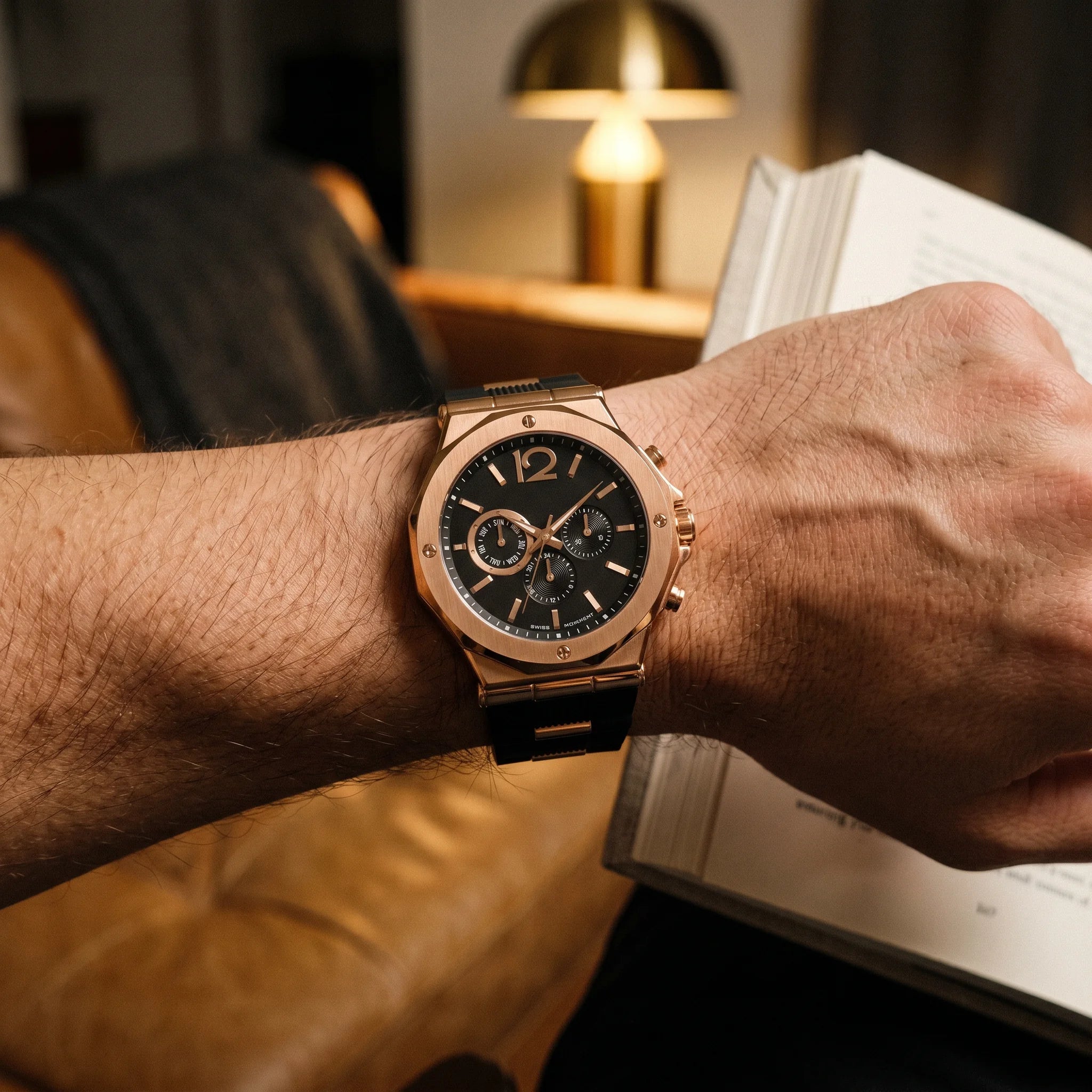 Kron Ascot watch on wrist, reading at home, first-person POV