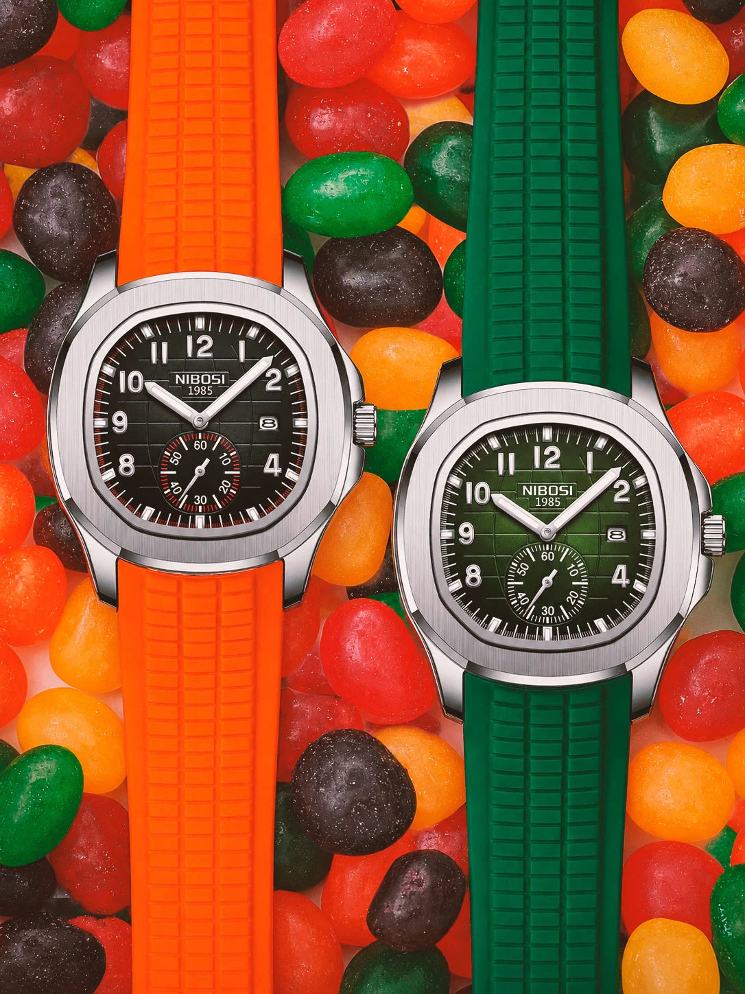 Riviera Sport Sunset and Silver Emerald on candy background