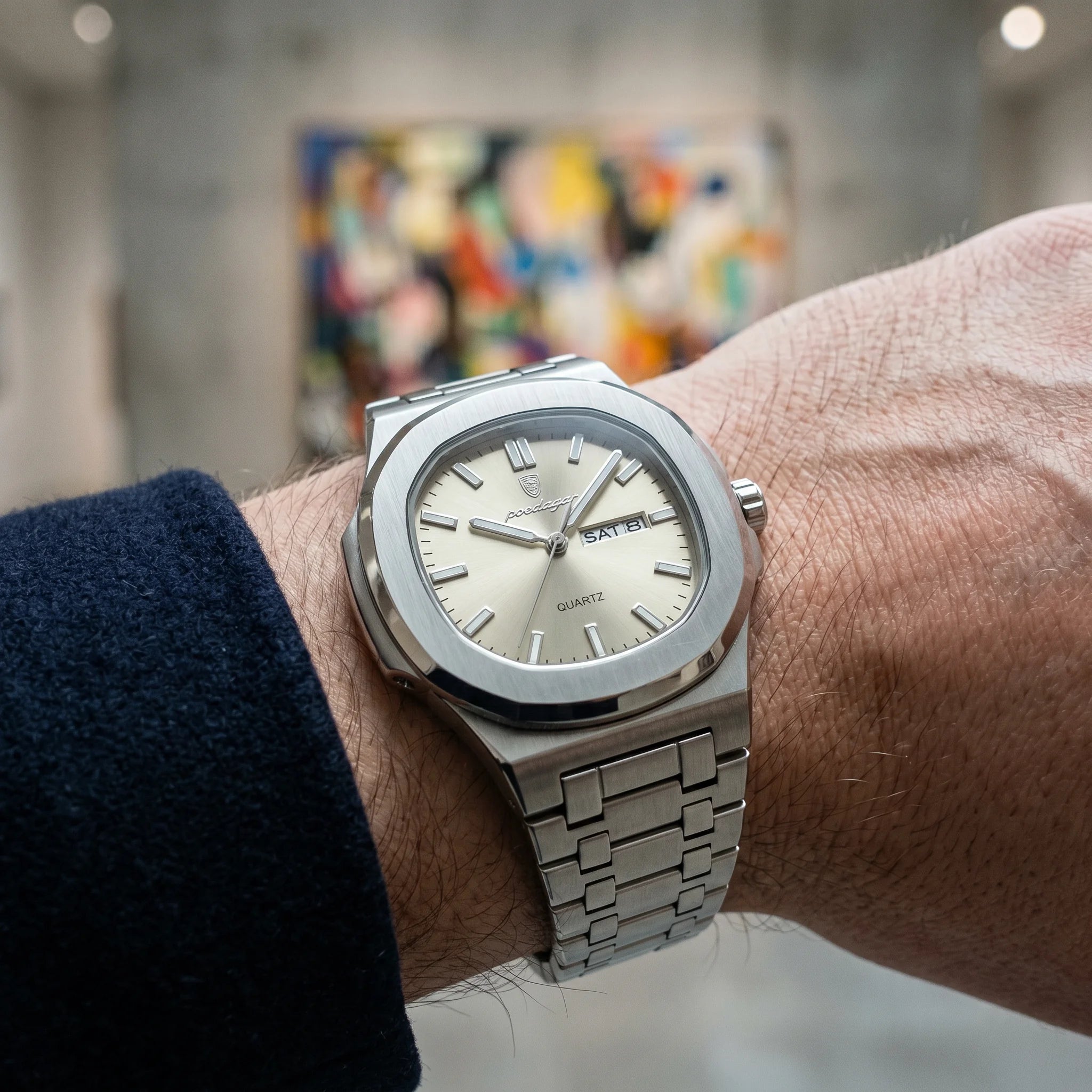 Kron Mayfair watch on wrist, contemporary art gallery, elevated profile