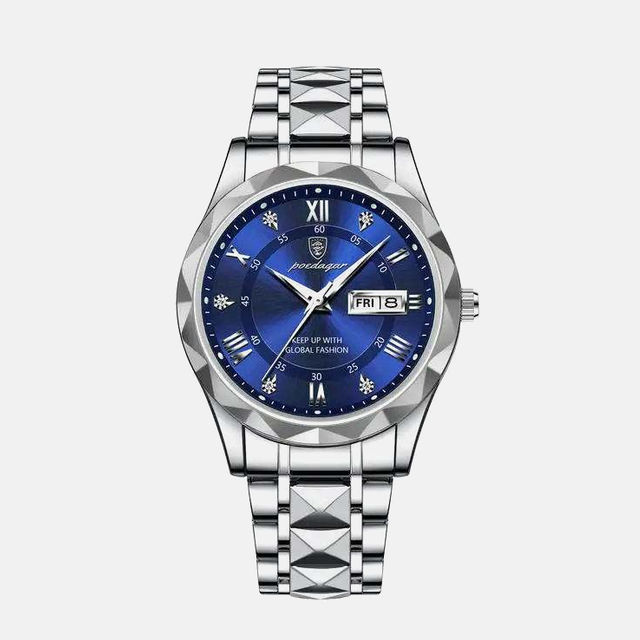 Kron Regent affordable men's dress watch with silver day-date dial and polished steel bracelet
