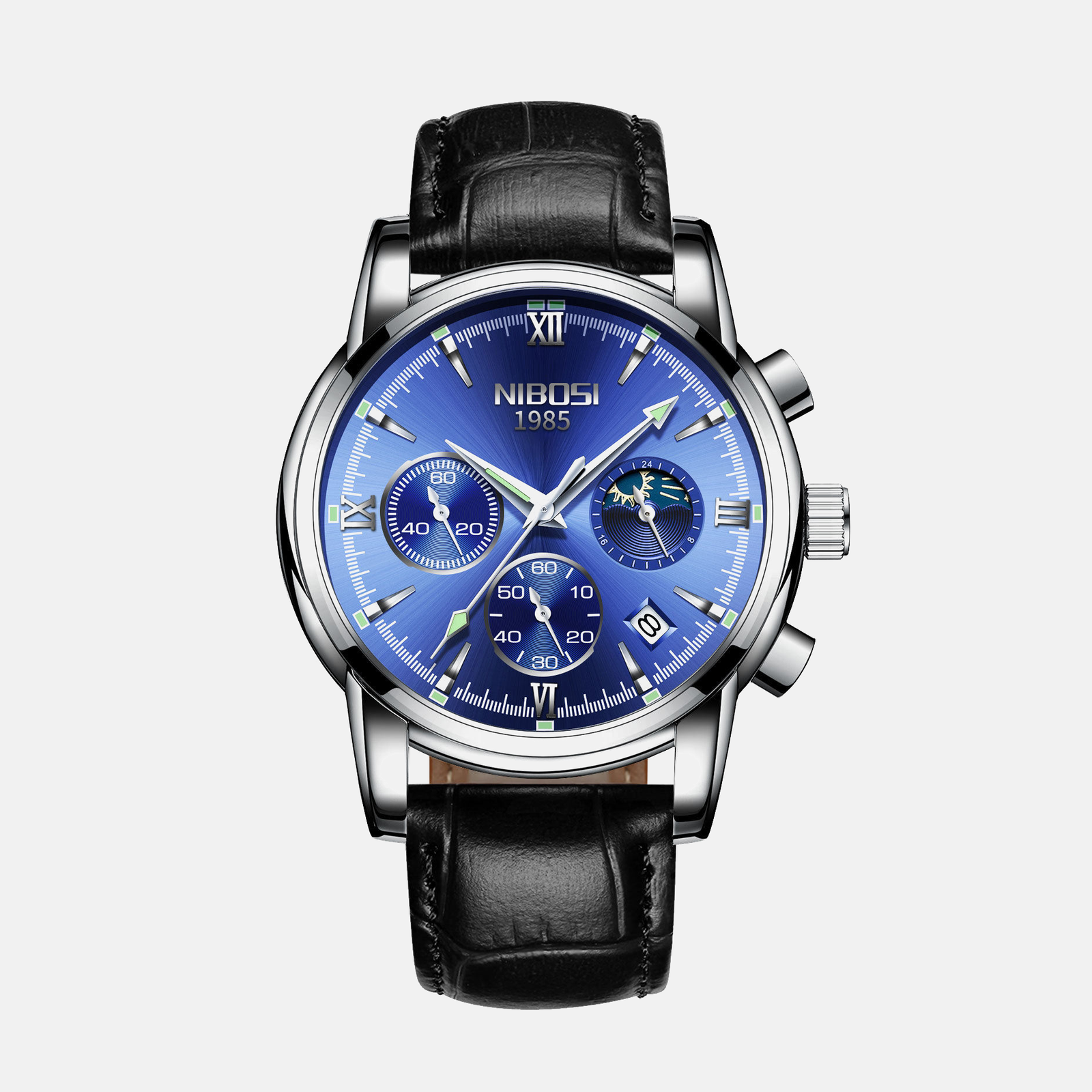 Kron Savile affordable men's chronograph watch with moonphase dial and leather strap