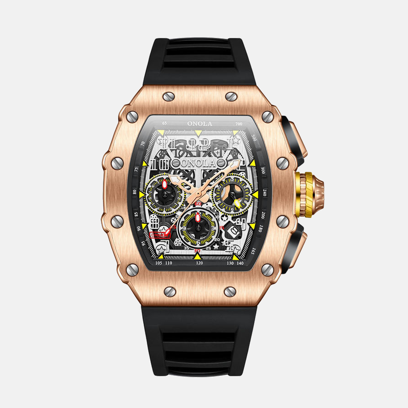 Kron Summit affordable men's chronograph watch with open skeleton dial and silicone sport strap