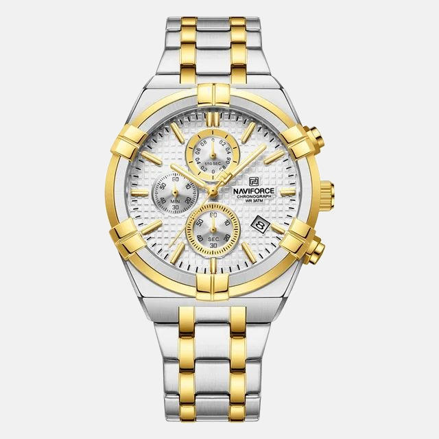 Kron Sandringham affordable men's chronograph watch with a textured Iron dial and stainless steel bracelet