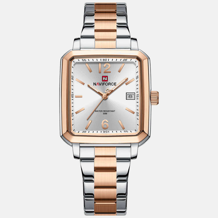 Kron Hanover affordable men's dress watch with a square pearl dial and steel bracelet