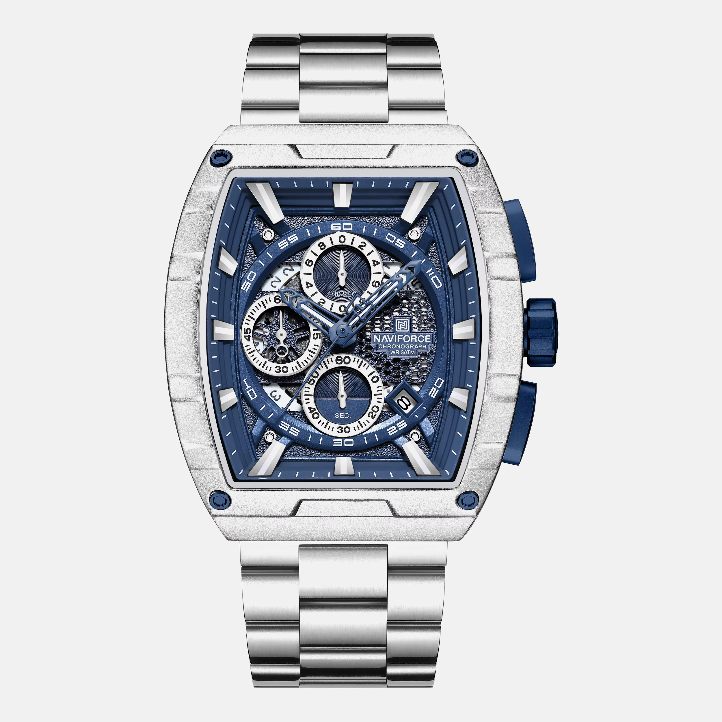 Kron Aldgate affordable men's chronograph watch with open skeleton-style black dial and steel bracelet