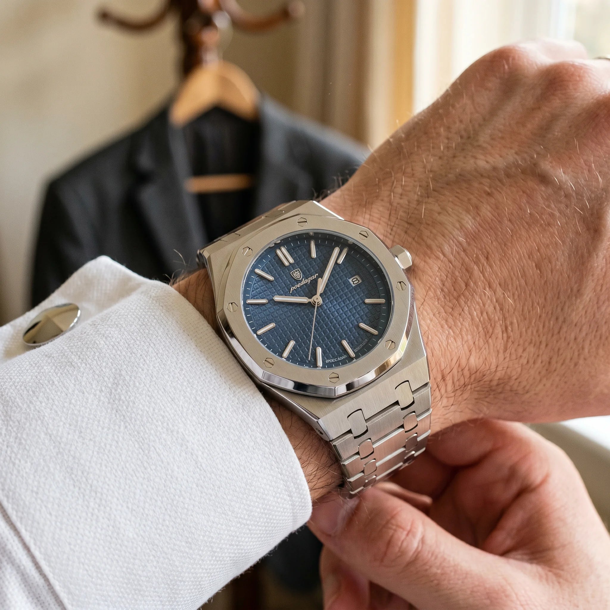 Kron Mariner watch on wrist, getting ready ritual, three-quarter view