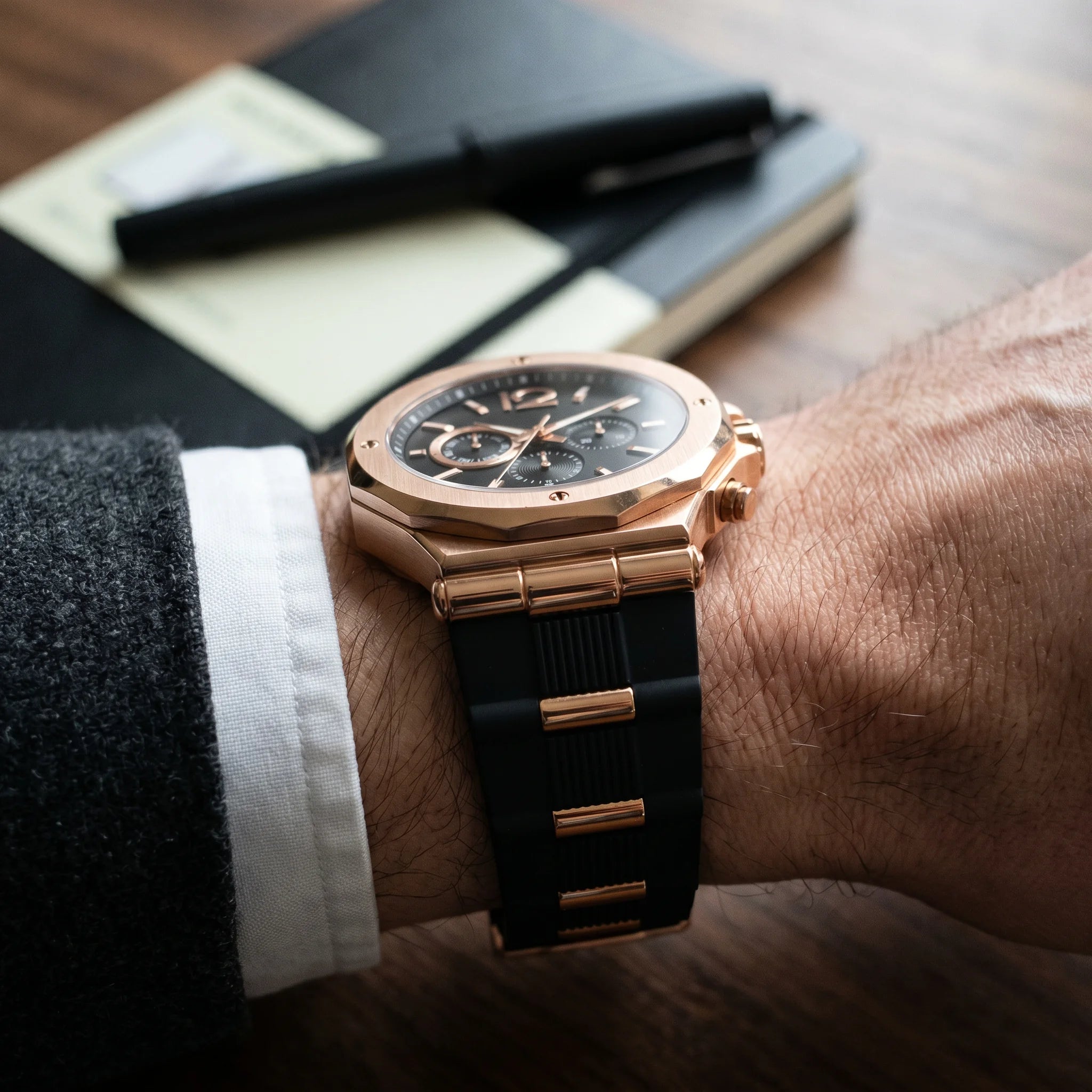 Kron Ascot watch case profile, walnut office desk, side view