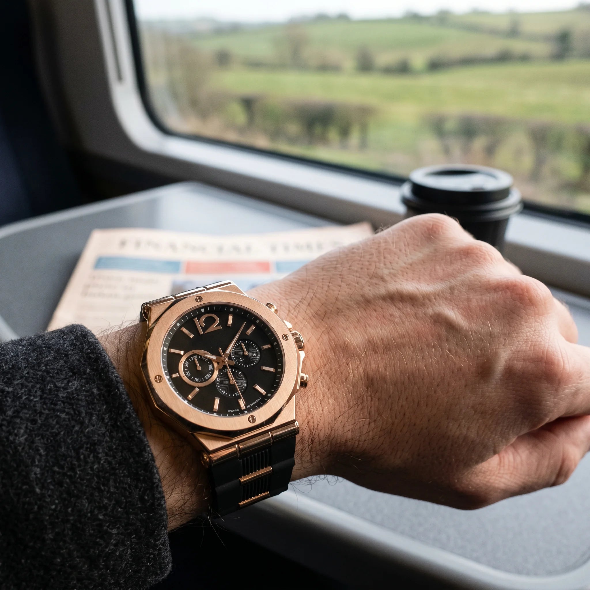 Kron Ascot watch on wrist, British rail train carriage, back of hand view