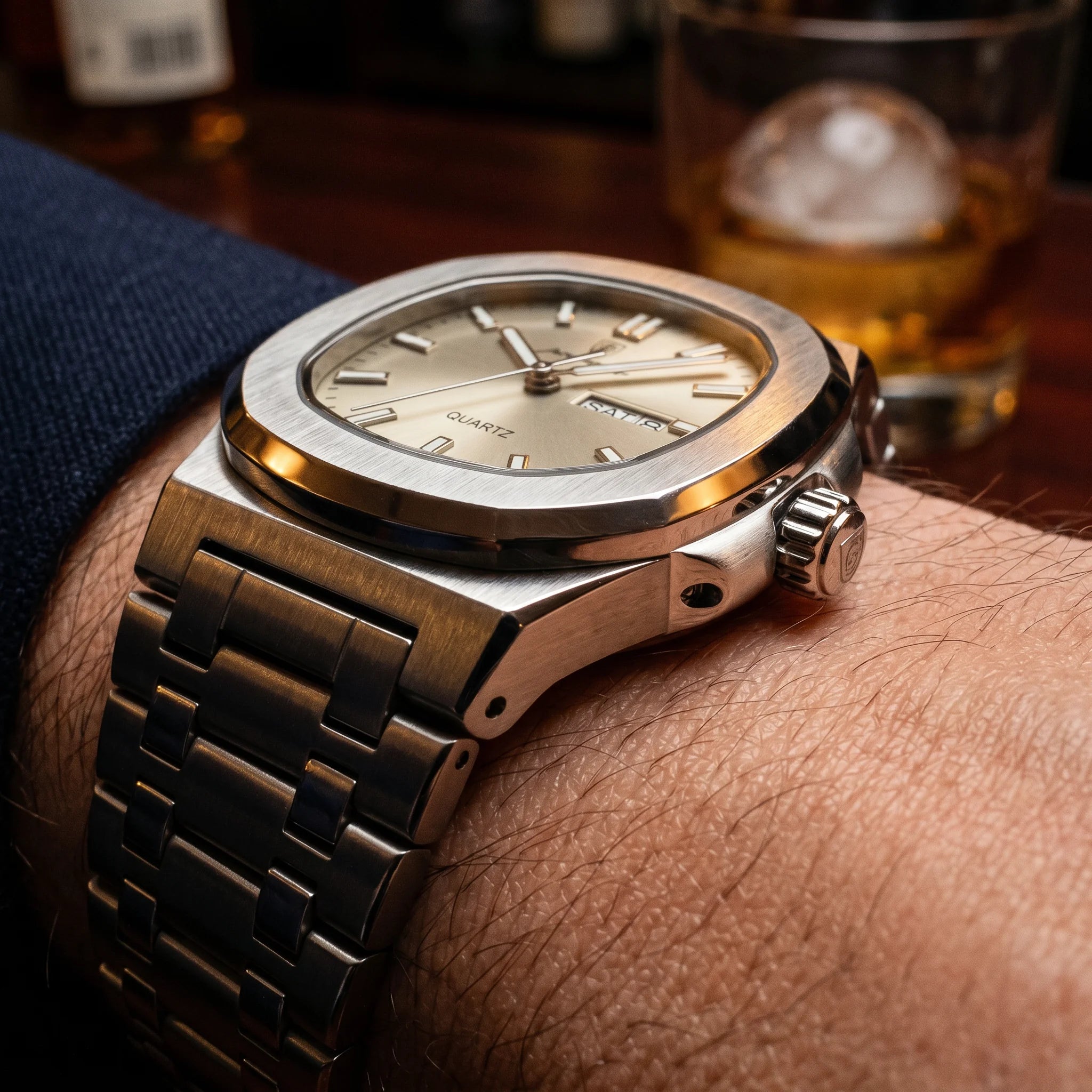 Kron Mayfair watch crown and lugs macro detail, whisky bar