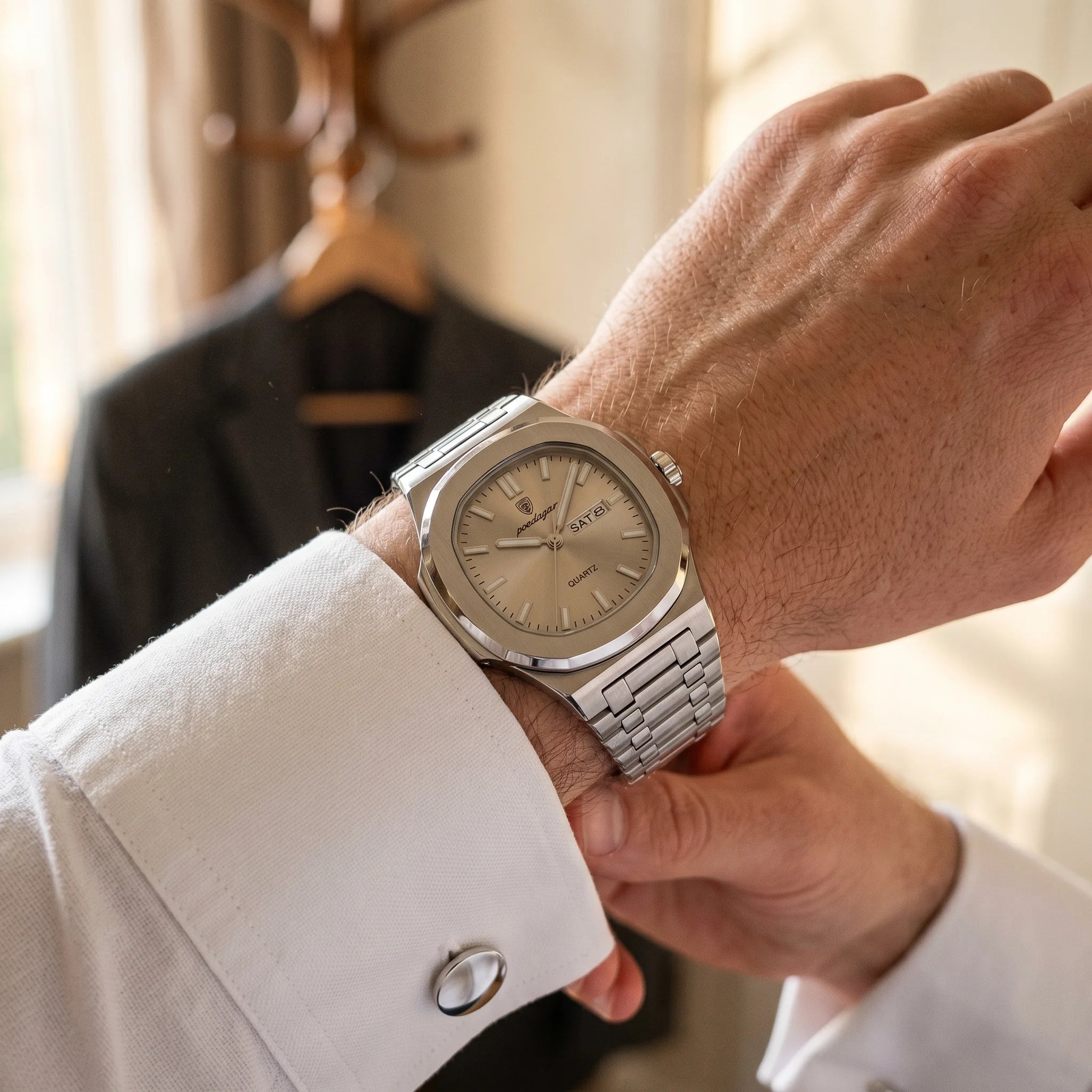 Kron Mayfair watch on wrist, getting ready ritual, three-quarter view