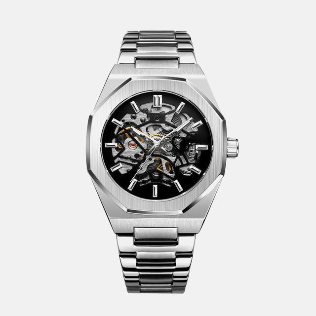 Kron Path affordable men's automatic watch with open skeleton dial and integrated steel bracelet