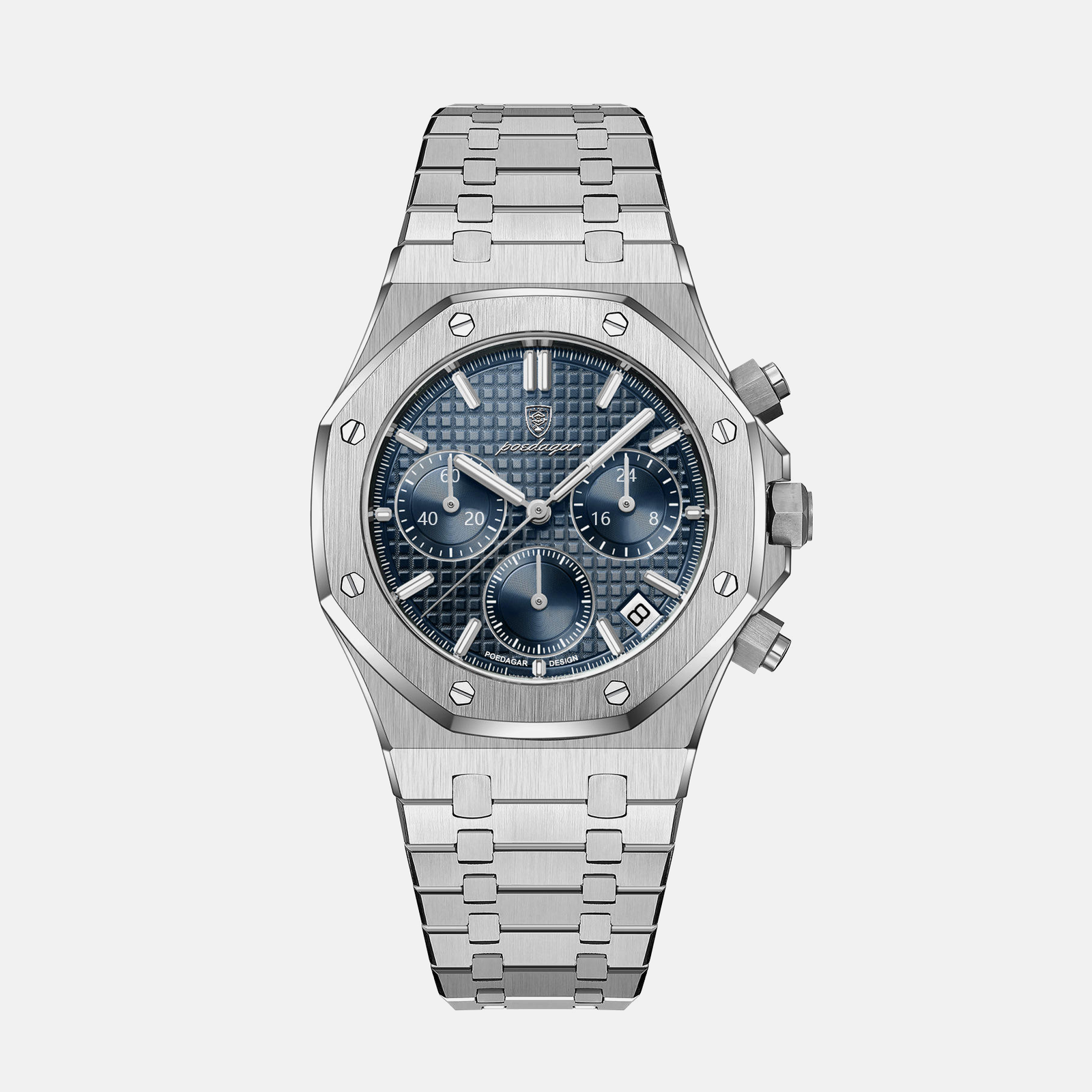 Kron Greenwich affordable men's chronograph watch with textured silver dial and stainless steel bracelet