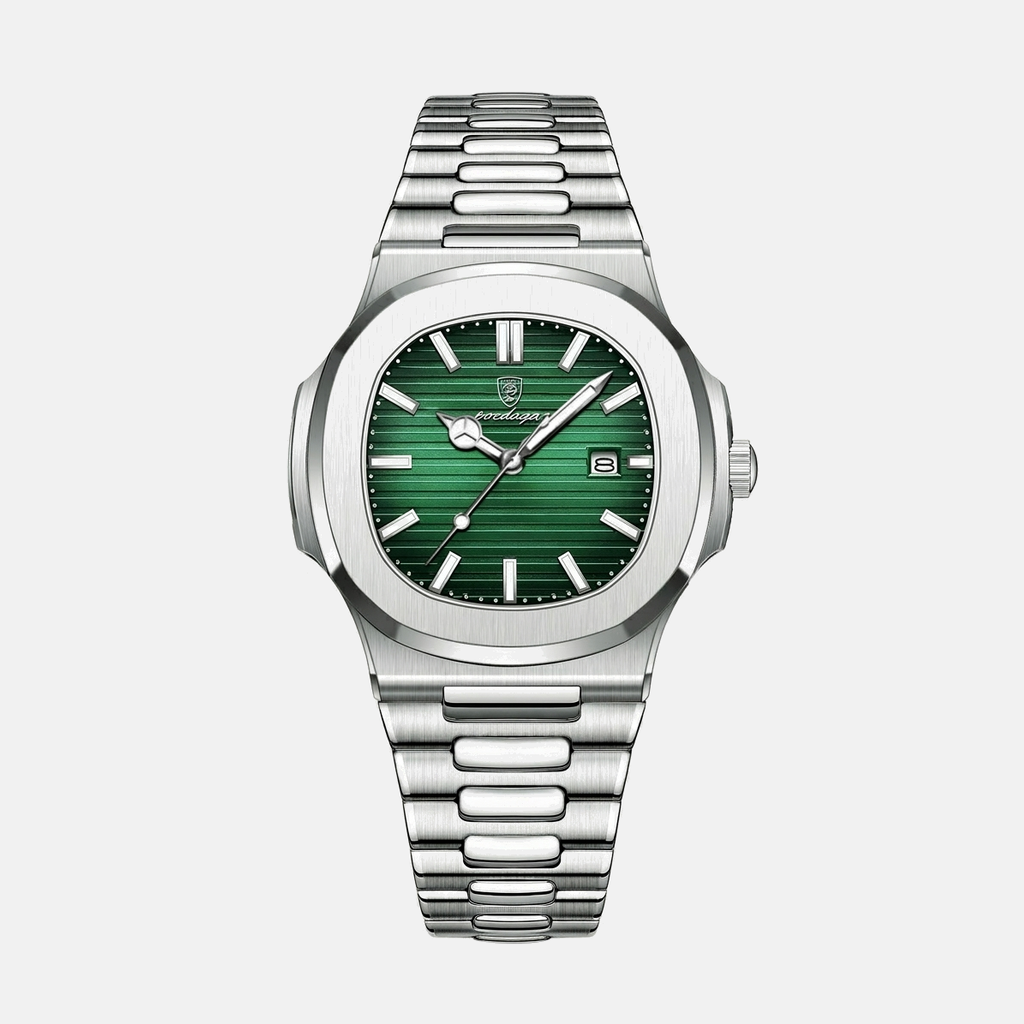 Kron Caspian affordable men's watch with textured green dial and stainless steel integrated bracelet