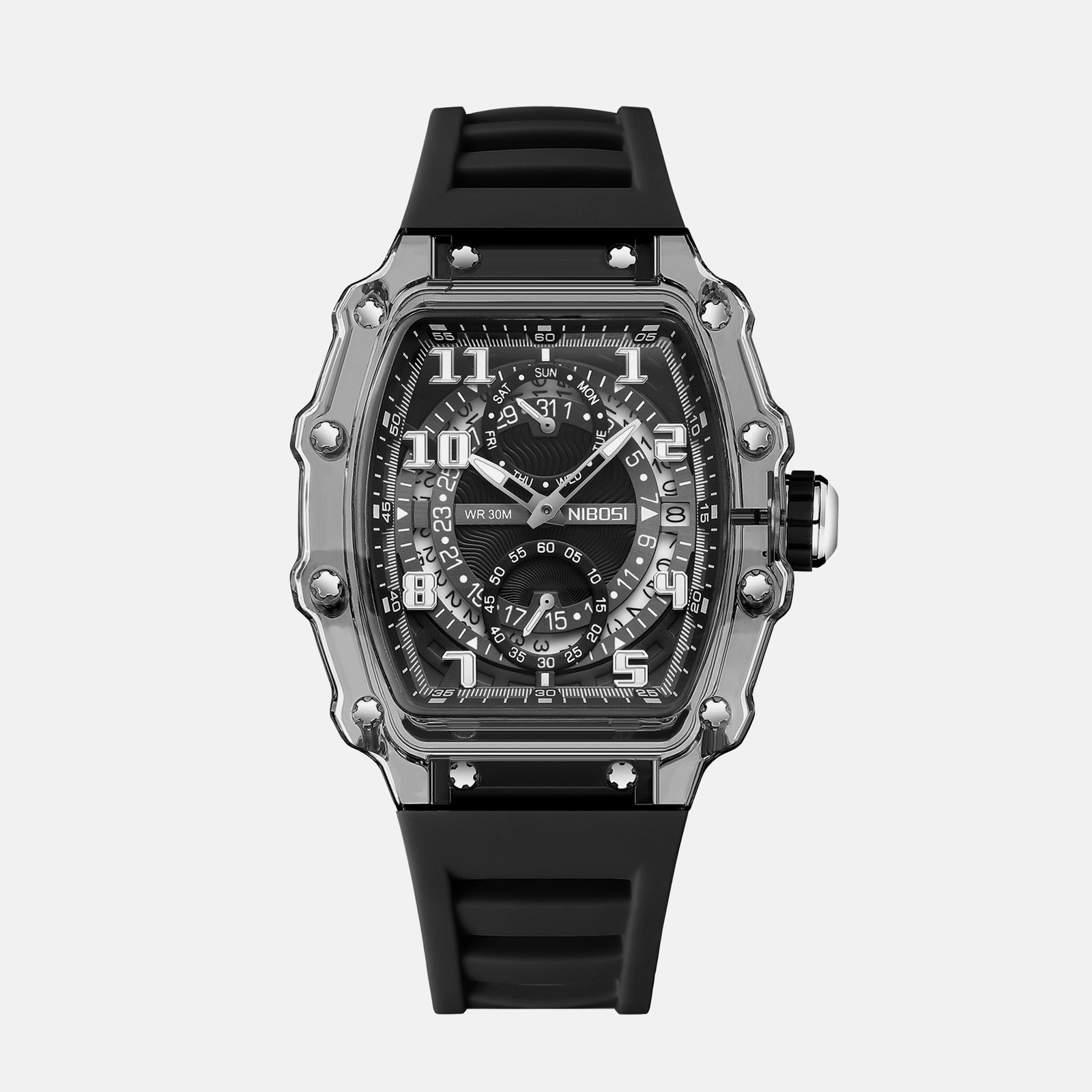 Kron Vortex affordable men's skeleton watch with open skeleton dial and silicone sport strap