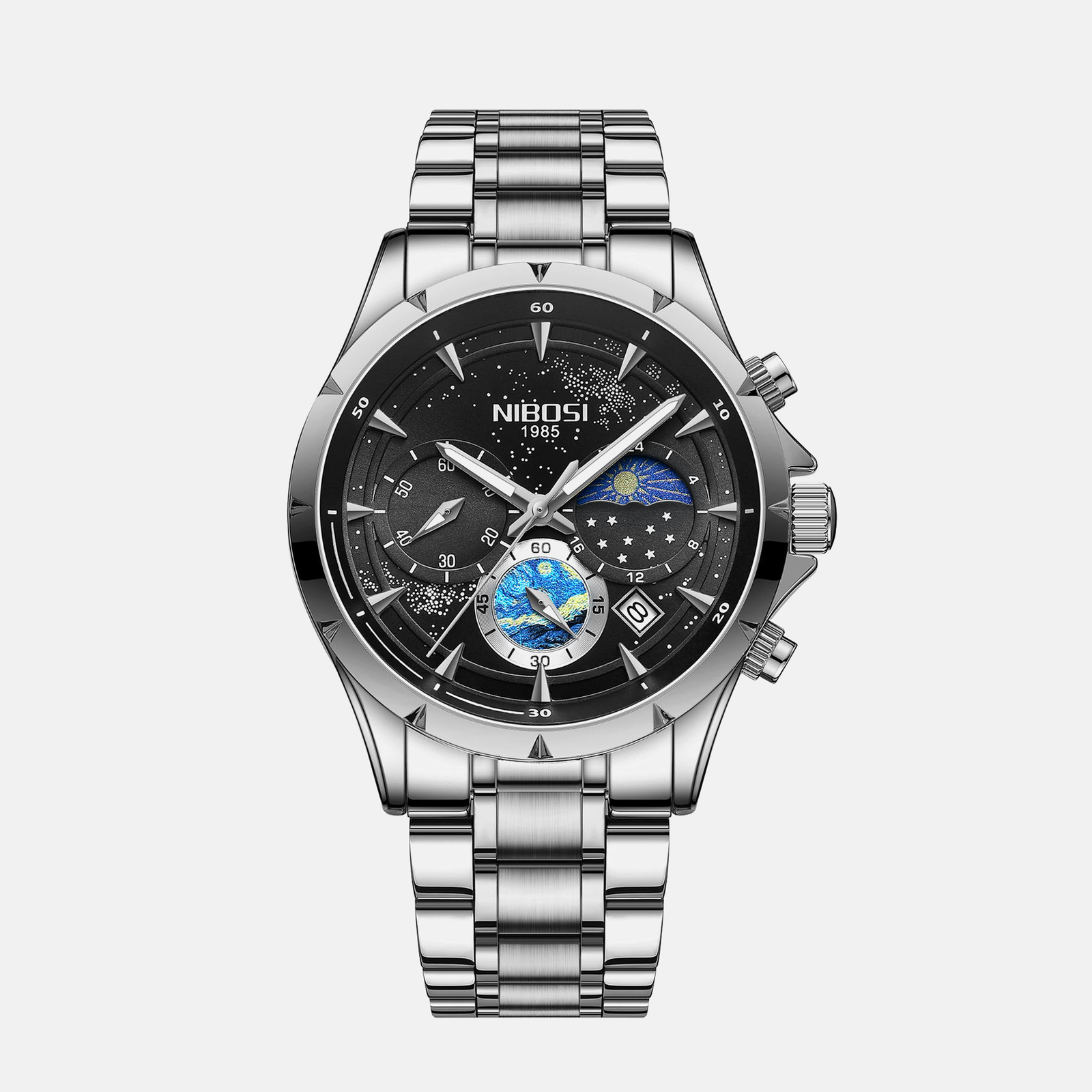 Kron Orion affordable men's multifunction watch with a starry night-sky dial and stainless steel bracelet
