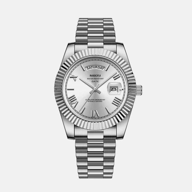 Kron Trafalgar affordable men's dress watch with a day-date dial and stainless steel bracelet