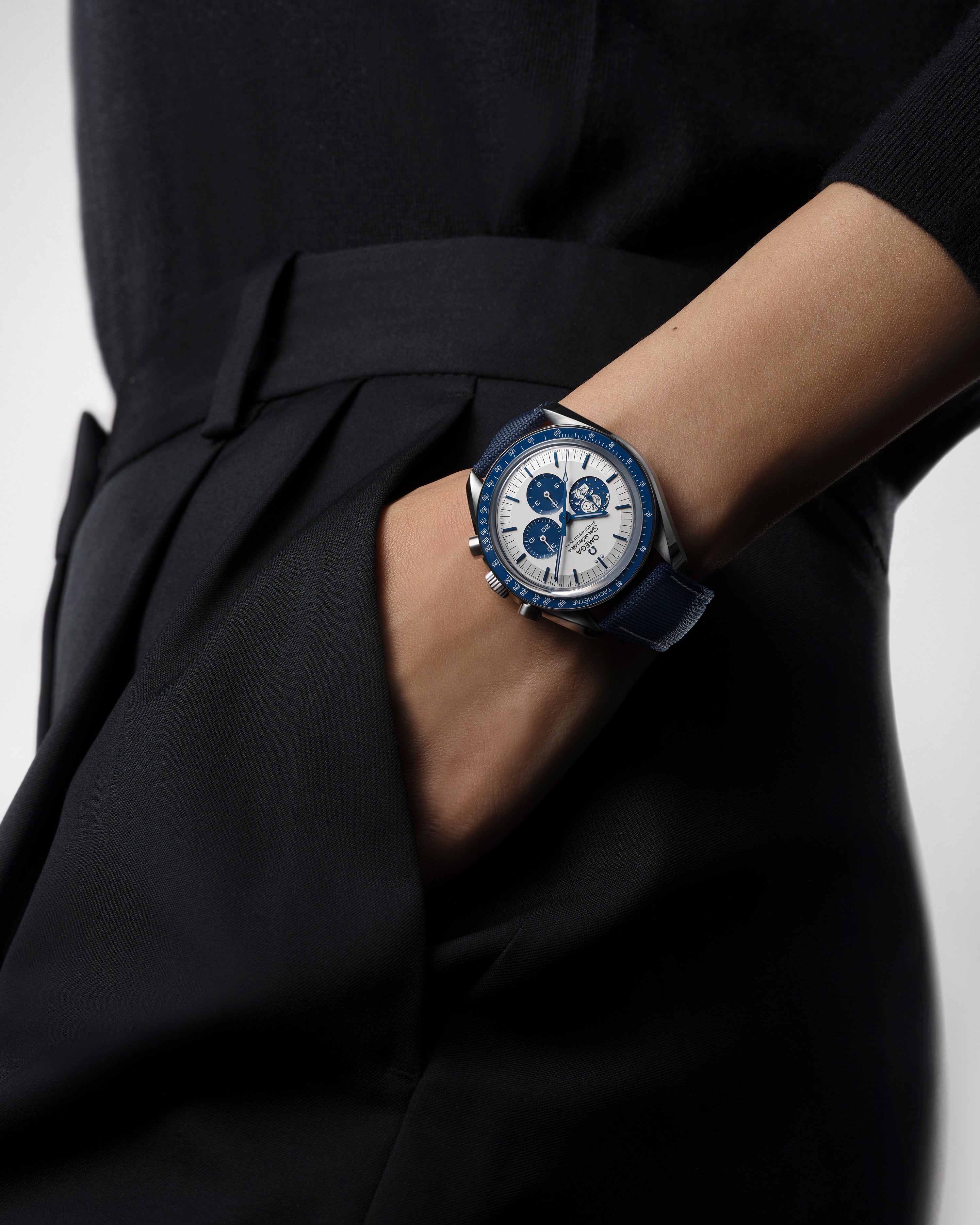 OMEGA Speedmaster Silver Snoopy — wrist detail